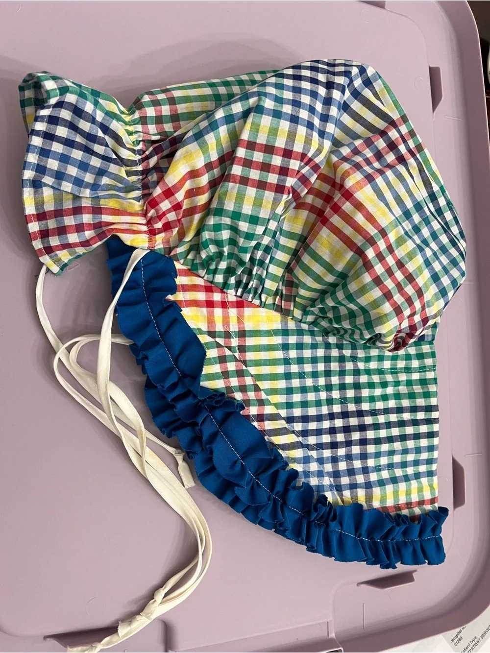 Vintage Appalachian Multicolor Gingham Bonnet with Blue Ruffle Trim